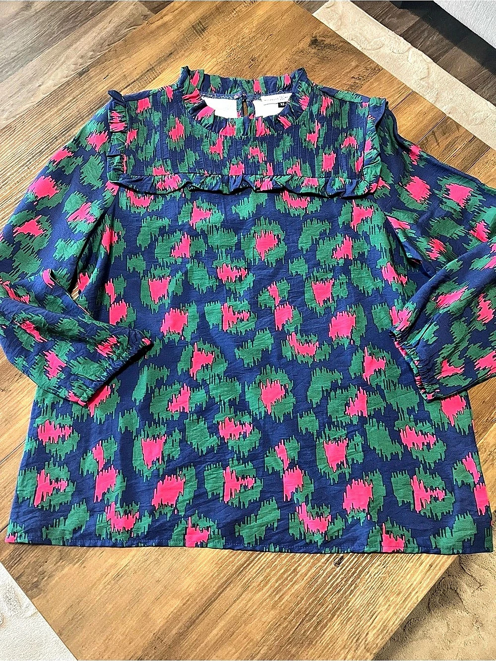 MICHELLE MCDOWELL Abstract Print Ruffle Blouse in Blue & Pink Size XS